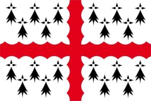 Étendard de St Patern : croix rouge avec des hermines noires sur fond blanc