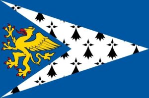 Bannière de St Brieuc : fond bleu avec une flèche blanche ornée d'hermines noires et un griffon jaune