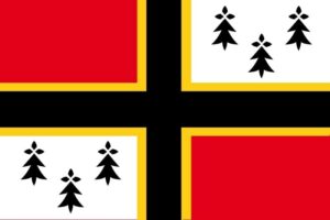 Bannière de St Malo : croix noire et jaune avec fond rouge uni et blanc avec hermines noires