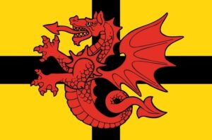 Bannière de St Tugdual : fond jaune à croix noire, avec au centre un dragon rouge