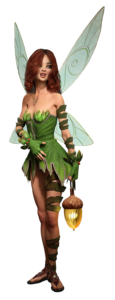 Membre féminin du peuple des fées avec des cheveux bruns, une robe verte, des ailes de papillon dans le dos et une lanterne à la main.